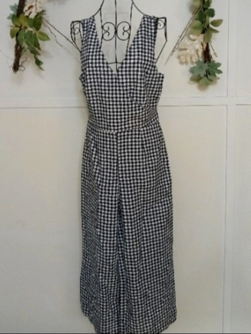Banana Republic Sleeveless Black White Gingham Linen Plaid Wide Leg Jumpsuit XS